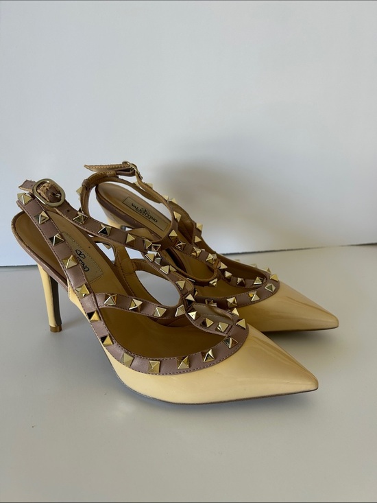 Valentino Shoes - Valentino Patent Pointed Slingback Pumps with Gold Studs in Tan and Mauve